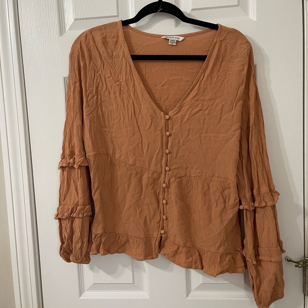 Flowy Boho Long Sleev Button Up Blouse with V Neck